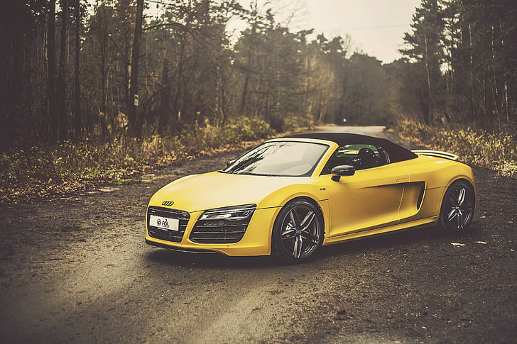 yellow Audi R8 coupe, Audi, yellow, Spyder, front, V10, HD wallpaper