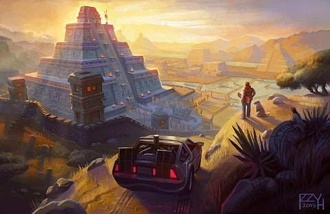 Aztec, watermarked, DeLorean, artwork, pyramid, Maya (civilization), Back to the Future, mayan, fantasy art, movies, HD wallpaper HD wallpaper