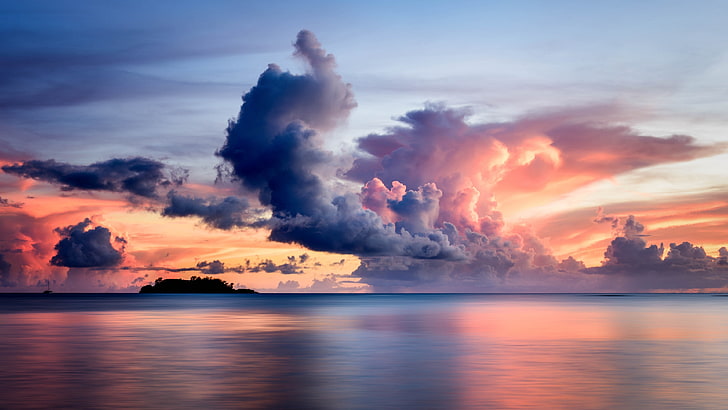 sky, horizon, sea, cloud, sunset, clouds, cloudy, calm, cumulus, guam, ocean, dusk, evening, agana beach, agana bay, HD wallpaper