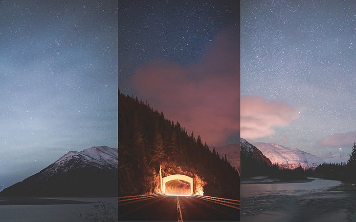 пътен тунел, природа, Аляска, зима, пейзаж, нощ, звезди, HD тапет