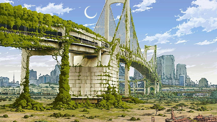 Мост Золотые Ворота, Нью-Йорк, аниме, произведения искусства, город, природа, Япония, фэнтези-арт, апокалипсис, HD обои