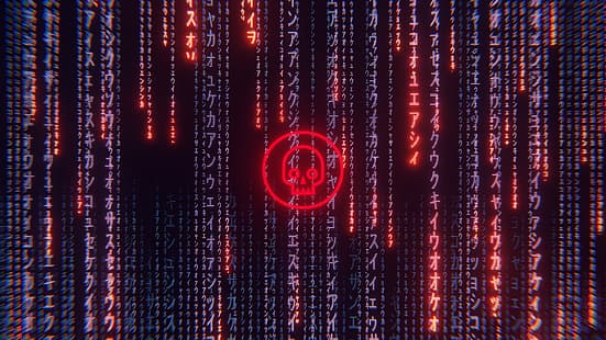 Japanska tecken, kanji, skalle, röd, rullning, Matrix, Wuksoy, HD tapet HD wallpaper