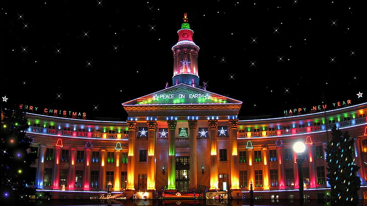 multicolored concrete building, night, the city, lights, the building, watch, tree, tower, stars, backlight, New year, USA, Happy New Year, colorful, words, Merry Christmas, Peace on Earth, Denver, HD wallpaper
