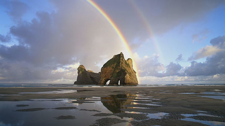South Isl Hd, browm rock formation and rainbow, island, rock formation, rainbow, beach, water, ocean, new zealand, coast, 3d and abstract, HD wallpaper