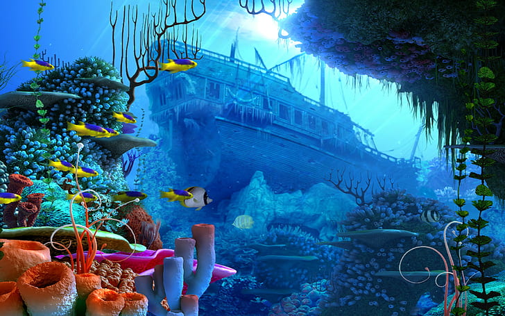 fantasy art, pesci, sott'acqua, relitto, Sfondo HD