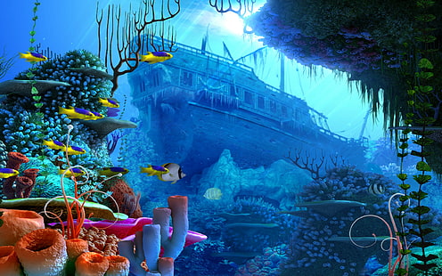arte de fantasía, peces, submarino, naufragio, Fondo de pantalla HD HD wallpaper