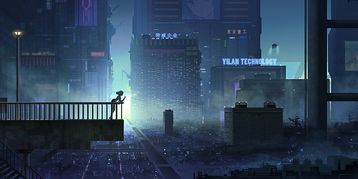 cyberpunk, smoking, city, fence, stairs, city lights, anime, billboards, futuristic, futuristic city, HD wallpaper