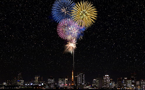 żółty i niebieski pokaz sztucznych ogni, gwiazdy, pozdrowienie, Japonia, Tokio, sztuczne ognie, Tapety HD HD wallpaper