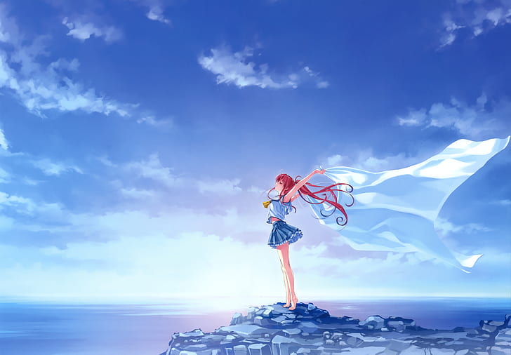 Suiheisen made Nan Mile, miyamae tomoka, небо, облака, визуальный роман, рыжий, аниме, HD обои