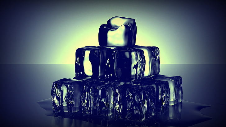кубики льда, куб, синий, белый, лед, вода, темнота, HD обои