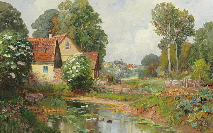 アロイスアーネガー、オーストリアの画家、キャンバスに油彩、背景の村のある風景、 HDデスクトップの壁紙