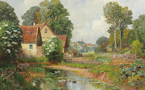 Alois Arnegger, peintre autrichien, huile sur toile, paysage avec village en arrière-plan, Fond d'écran HD HD wallpaper