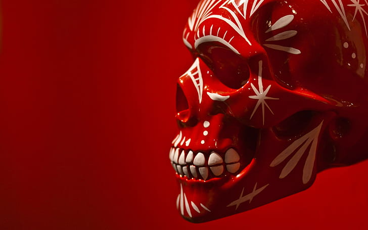 seni digital, tengkorak, latar belakang merah, gigi, profil, keramik, Wallpaper HD