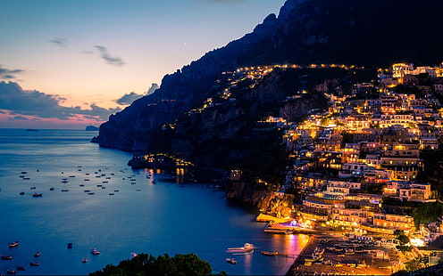 Papel de parede HD de Costa Amalfitana em cidades noturnas, cidade iluminada, HD papel de parede HD wallpaper