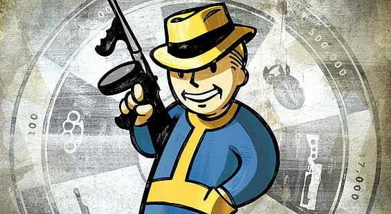 Fallout New Vegas, Vault Boy, ilustracja mężczyzna trzymający broń, Gry, Fallout, Fallout New Vegas, Vault Boy, Fallout New Vegas Vault Boy, Tapety HD HD wallpaper