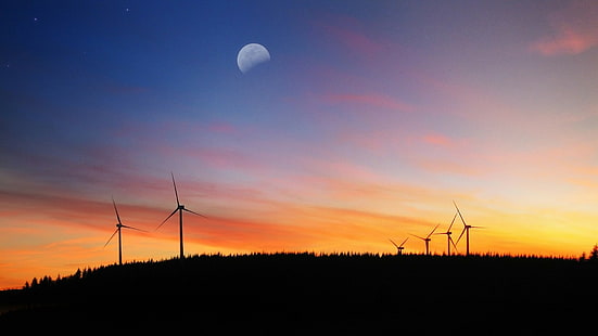 pemandangan, matahari terbenam, turbin angin, ladang angin, skyscape, Bulan, Wallpaper HD HD wallpaper