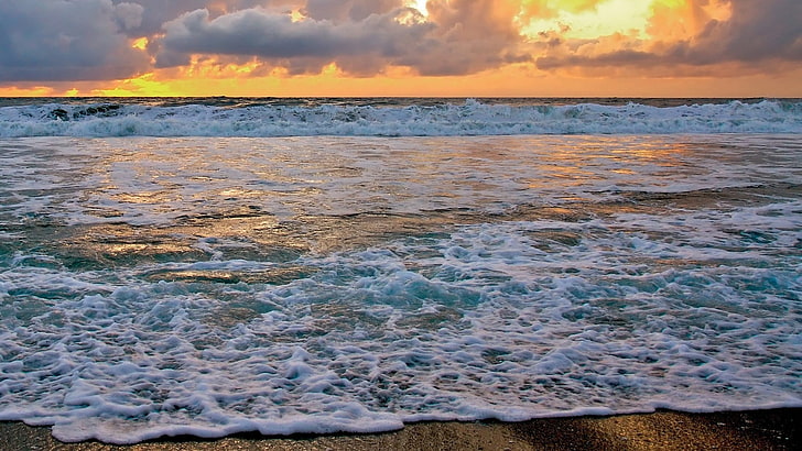 photo of sea, landscape, sunset, sea, beach, waves, HD wallpaper