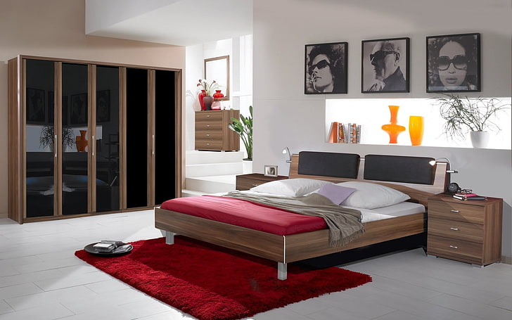 茶色の木製ベッドと赤いマットレス、インテリア、デザイン、スタイル、家、家、寝室、 HDデスクトップの壁紙