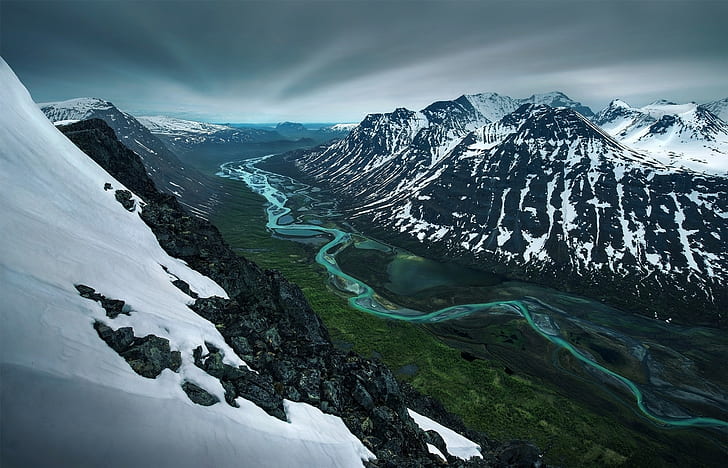 mountains, spring, river, landscape, snowy peak, Sweden, snow, nature, valley, HD wallpaper