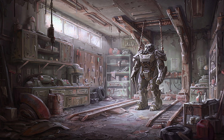 robot de acero gris dentro de la habitación, Fallout 4, arte conceptual, Fallout, videojuegos, Brotherhood of Steel, armadura, Fondo de pantalla HD