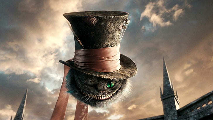 Cat in Alice in Wonderland, black and gray cat with hat, alice, wonderland, movies, HD wallpaper