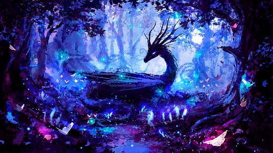 arte digital, colorido, trabalho artístico, luzes, dragão, floresta, noite, mágica, árvores, chifres, rosa, azul, noite, criatura, vaga-lume, borboleta, névoa, HD papel de parede HD wallpaper