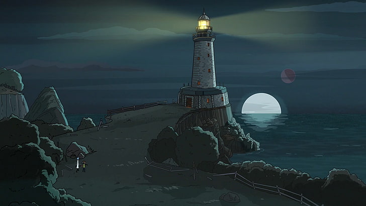 серый маяк возле водоема иллюстрации, Рик и Морти, взрослый плавать, мультфильм, HD обои