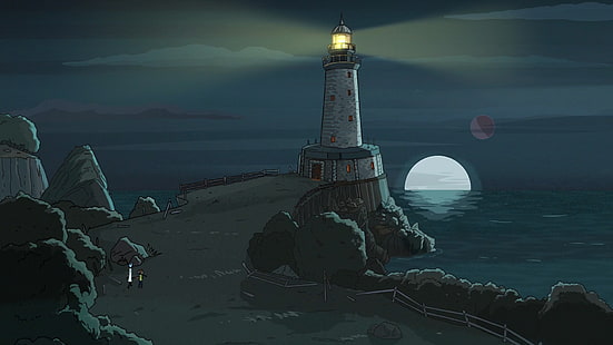szara latarnia morska w pobliżu zbiornika wodnego ilustracja, Rick and Morty, Adult Swim, rysunek, Tapety HD HD wallpaper