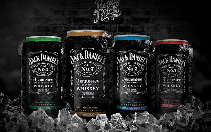kostki lodu, Jack Daniel's, alkohole, puszka, whisky, drinki, napoje, lód, reklamy, czarne, Tapety HD