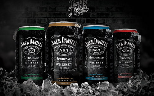 kostki lodu, Jack Daniel's, alkohole, puszka, whisky, drinki, napoje, lód, reklamy, czarne, Tapety HD HD wallpaper