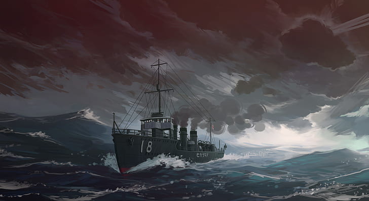 Море, фигура, кораб, разрушител на IJN Amatsukaze, HD тапет