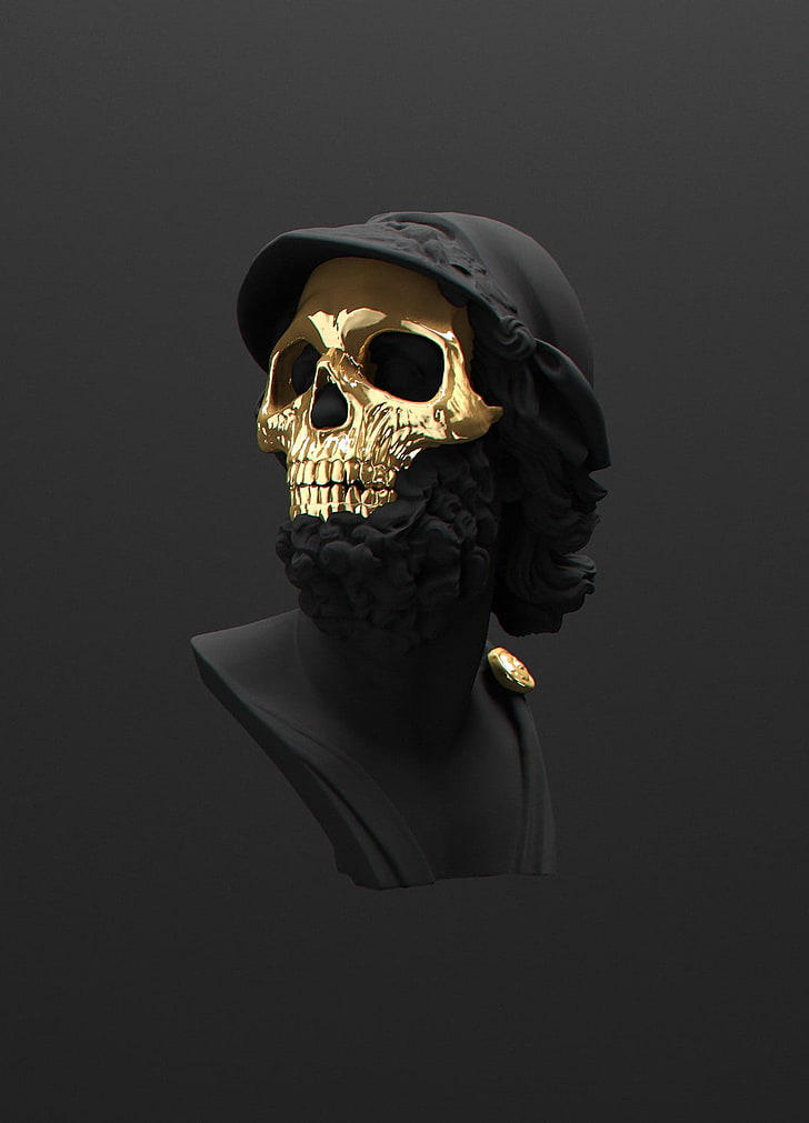 gold skeleton mask, minimalism, black, gold, skull, death, portrait display, HD wallpaper