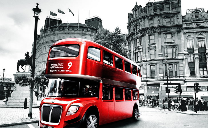 حافلة لندن الحمراء ، خلفية ترام حمراء ذات طابقين ، أسود وأبيض ، لندن، خلفية HD