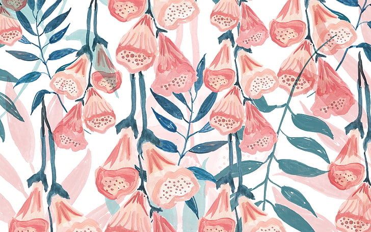 Flowers, pattern, green, texture, flower, paper, pink, watercolor, HD wallpaper