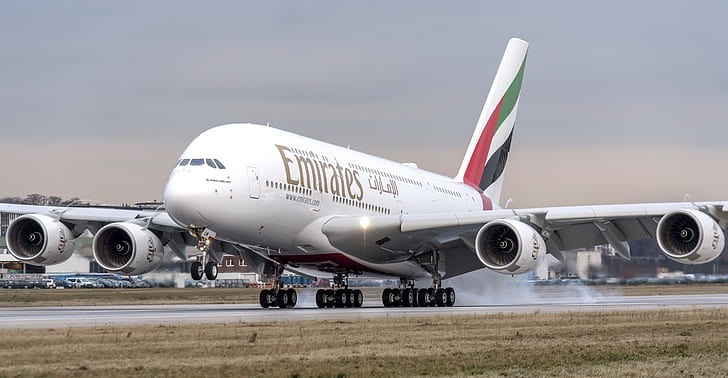Dym, A380, Lądowanie, Airbus, WFP, Podwozie, Airbus A380, Emirates Airlines, Samolot pasażerski, Airbus A380-800, Tapety HD