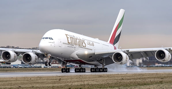 煙、A380、着陸、エアバス、WFP、シャーシ、エアバスA380、エミレーツ航空、旅客機、エアバスA380-800、 HDデスクトップの壁紙 HD wallpaper