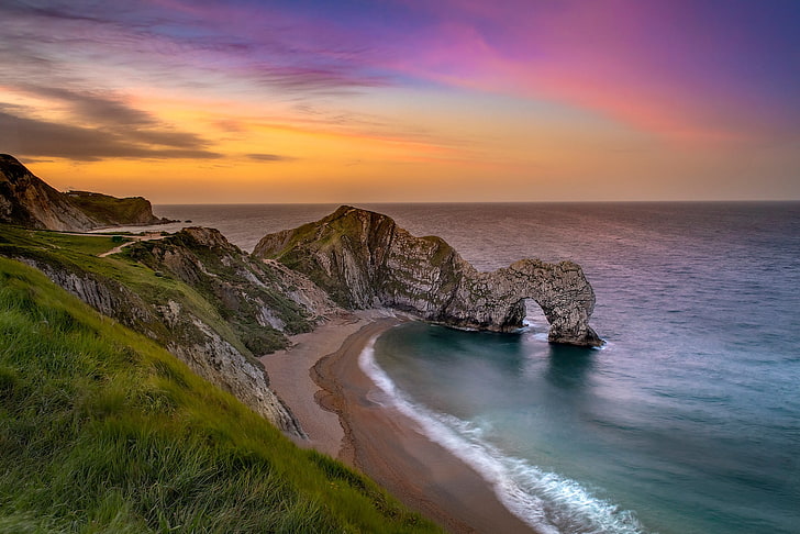 sea, sunset, rocks, coast, England, arch, The Channel, English Channel, Dorset, Jurassic Coast, The Jurassic coast, Durdle Door, Deral-Dor, HD wallpaper