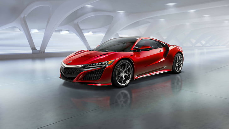 red coupe park on grey floor, Acura NSX, supercar, Acura, electric cars, hybrid, sports car, 2015 car, Detroit, side, 2015 Detroit Auto Show, Best Electric Cars 2015, NAIAS, HD wallpaper