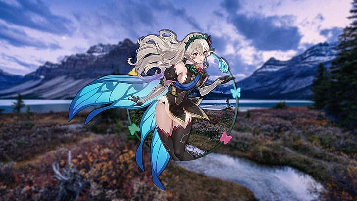 picture-in-picture, anime girls, Corrin, Fire Emblem Fates, lake, butterfly, HD wallpaper