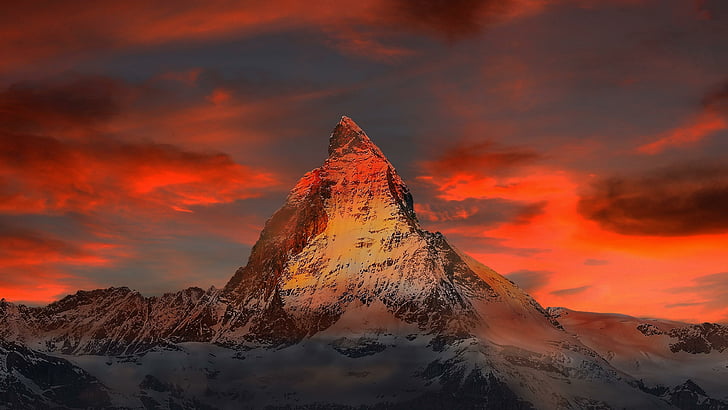 niebo, szczyt, śnieg, Szwajcaria, Matterhorn, Alpy, Alpejskie, Alpy Pennińskie, Szczyt Alpejski, Alpy Szwajcarskie, Zermatt, Pomarańczowe Niebo, Europa, Tapety HD