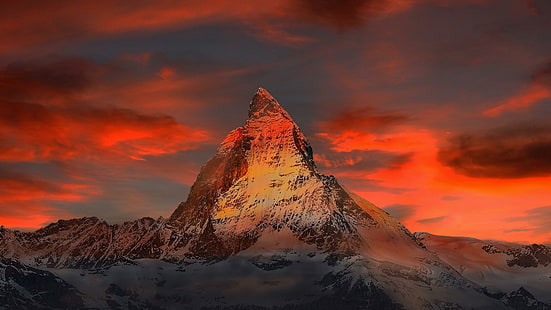 niebo, szczyt, śnieg, Szwajcaria, Matterhorn, Alpy, Alpejskie, Alpy Pennińskie, Szczyt Alpejski, Alpy Szwajcarskie, Zermatt, Pomarańczowe Niebo, Europa, Tapety HD HD wallpaper
