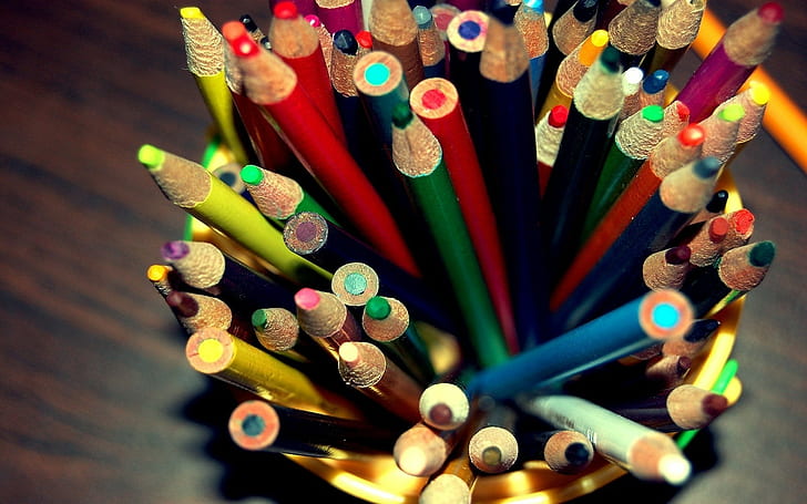 Цветные карандаши, Набор, Стакан, Арт, HD обои