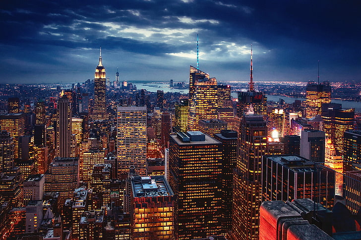 building, lights, USA, night, evening, New York City, HD wallpaper