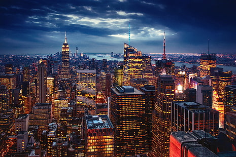 здания, огни, США, ночь, вечер, Нью-Йорк, HD обои HD wallpaper