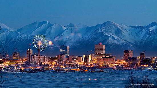 Fuochi d'artificio sopra Anchorage, Alaska, festivi, Sfondo HD HD wallpaper