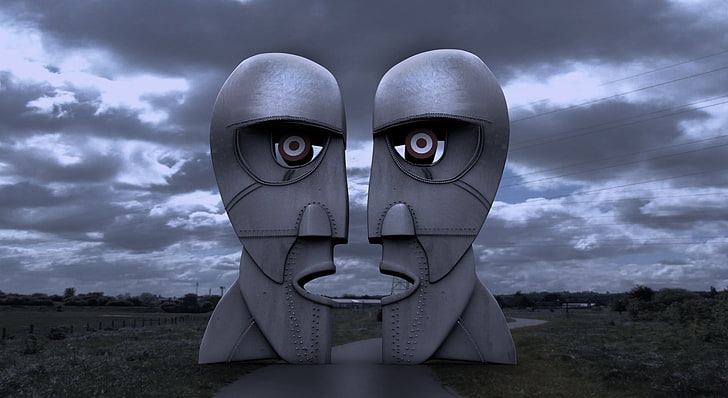 jalur gerbang wajah abu-abu, Pink Floyd, bel divisi, patung, logam, simetri, alam, jalan, bidang, pohon, awan, malam, karya seni, Wallpaper HD
