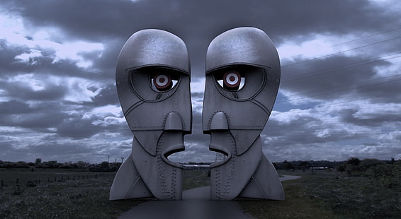 graues Gesicht Tor Weg, Pink Floyd, die Abteilung Glocke, Skulptur, Metall, Symmetrie, Natur, Straße, Feld, Bäume, Wolken, Abend, Kunstwerk, HD-Hintergrundbild HD wallpaper