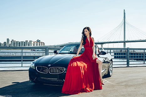 Modelli, modello, BMW, capelli neri, auto, ragazza, ragazze e automobili, vestito rosso, donna, Sfondo HD HD wallpaper