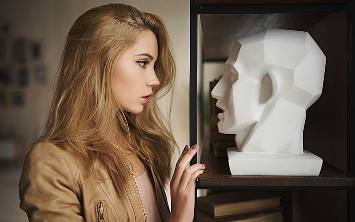 Sergey Zhirnov, visage, profil, blonde, femmes, mannequin, Ksenia Kokoreva, sculpture, vestes en cuir, Fond d'écran HD