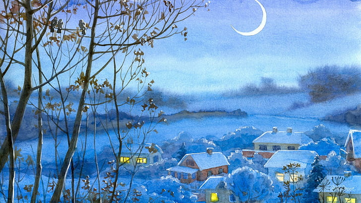 Acquerello Winter Village, finestre, crepuscolo, vernice, natale, capodanno, albero, mezzaluna, villaggio, neve, luce, città, Sfondo HD